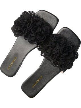 Women's 3D Floral Flat Sandals Black Square Open Toe PU Leather Slip on Slides
